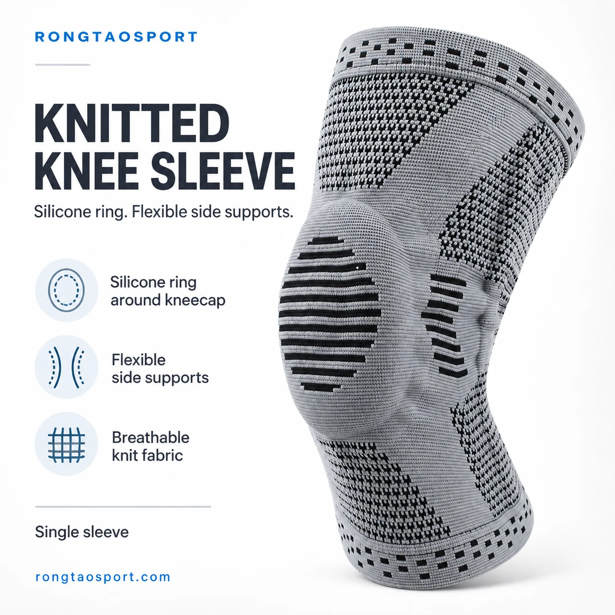 Grey knitted knee sleeve with silicone ring and flexible side supports