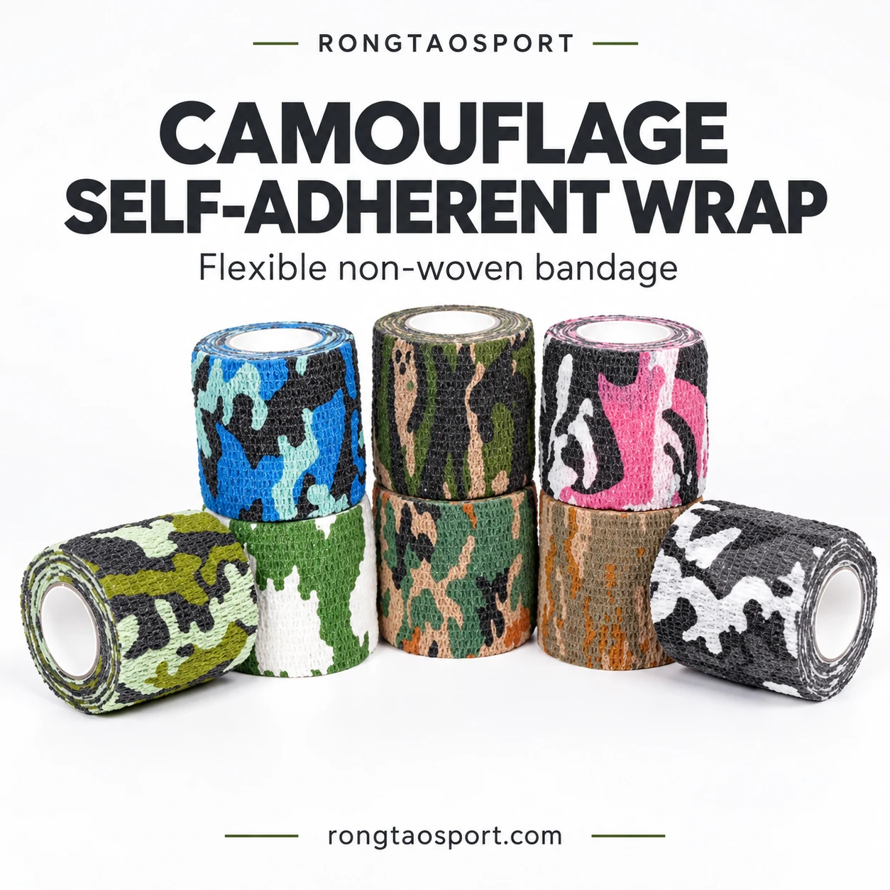 Camouflage self-adherent bandage rolls in assorted colors