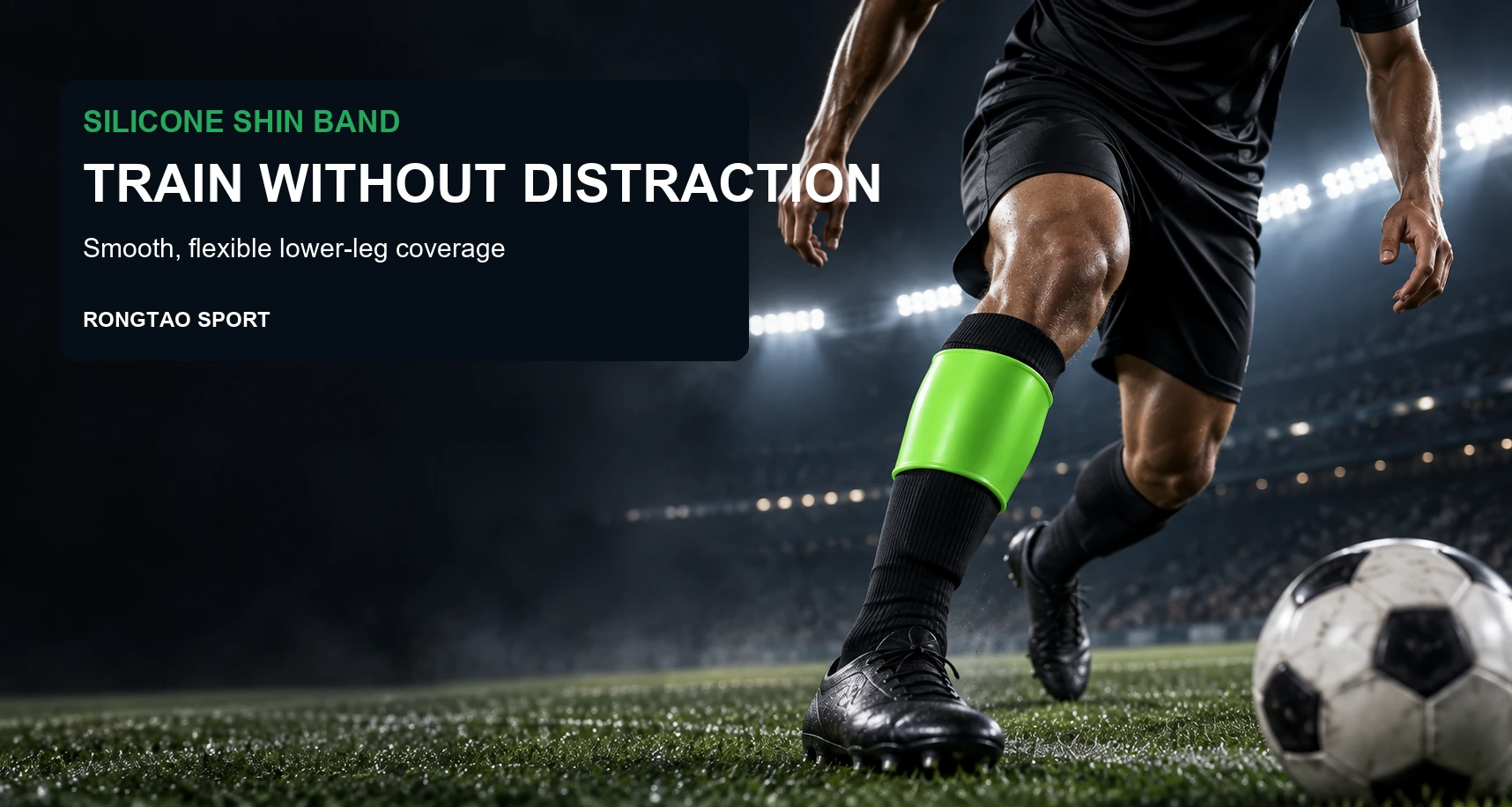 Athlete wearing a green silicone shin training band during sports practice