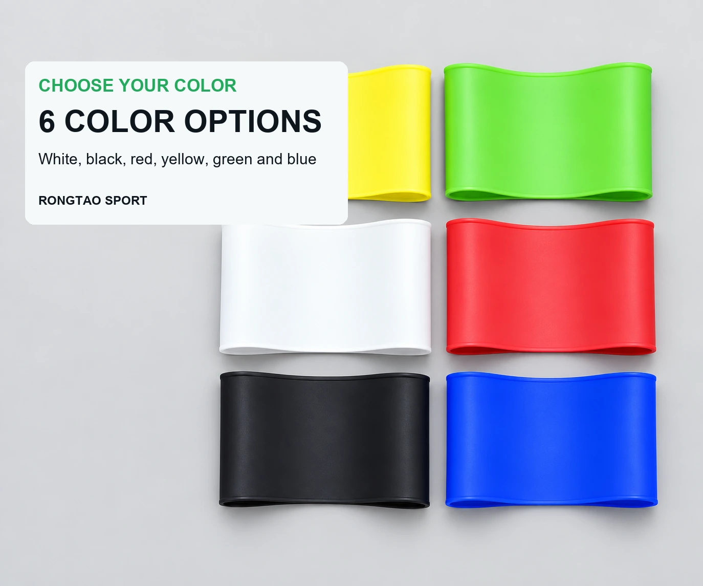 Silicone shin training bands in white, black, red, yellow, green, and blue