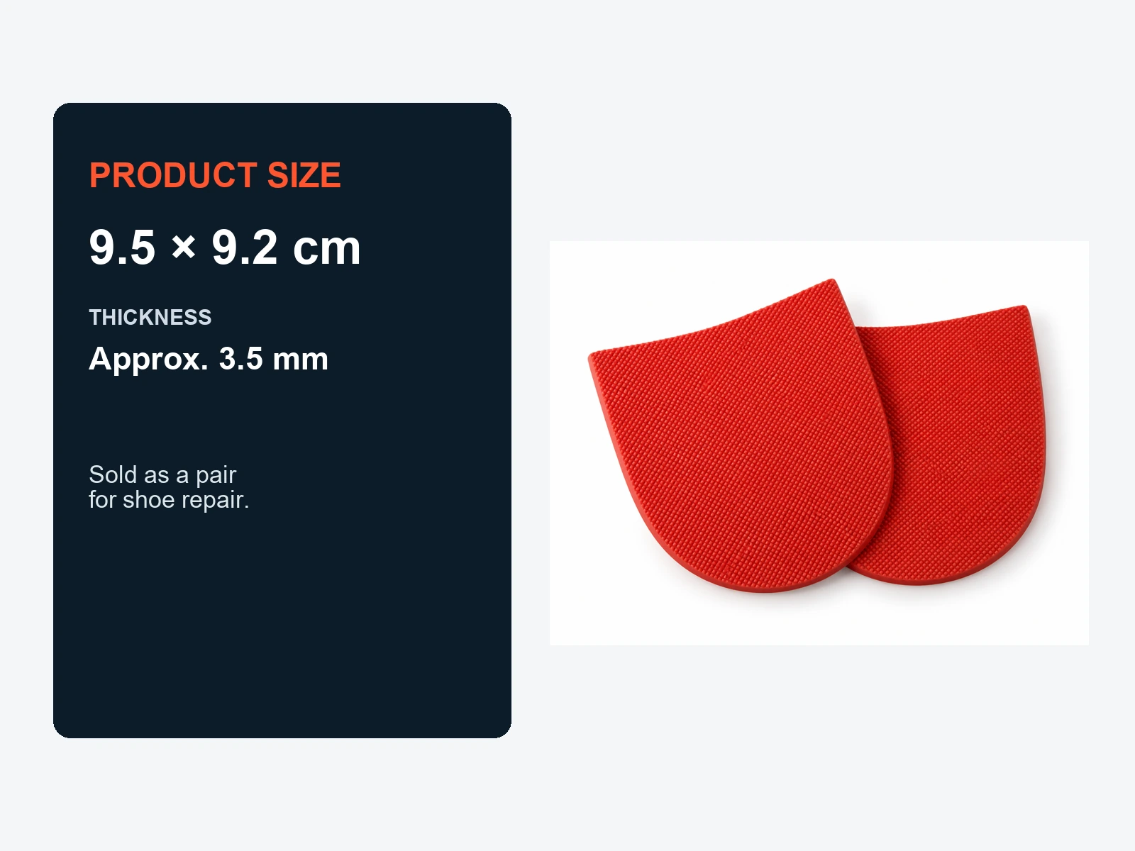 Size and thickness reference for rubber half sole repair pad