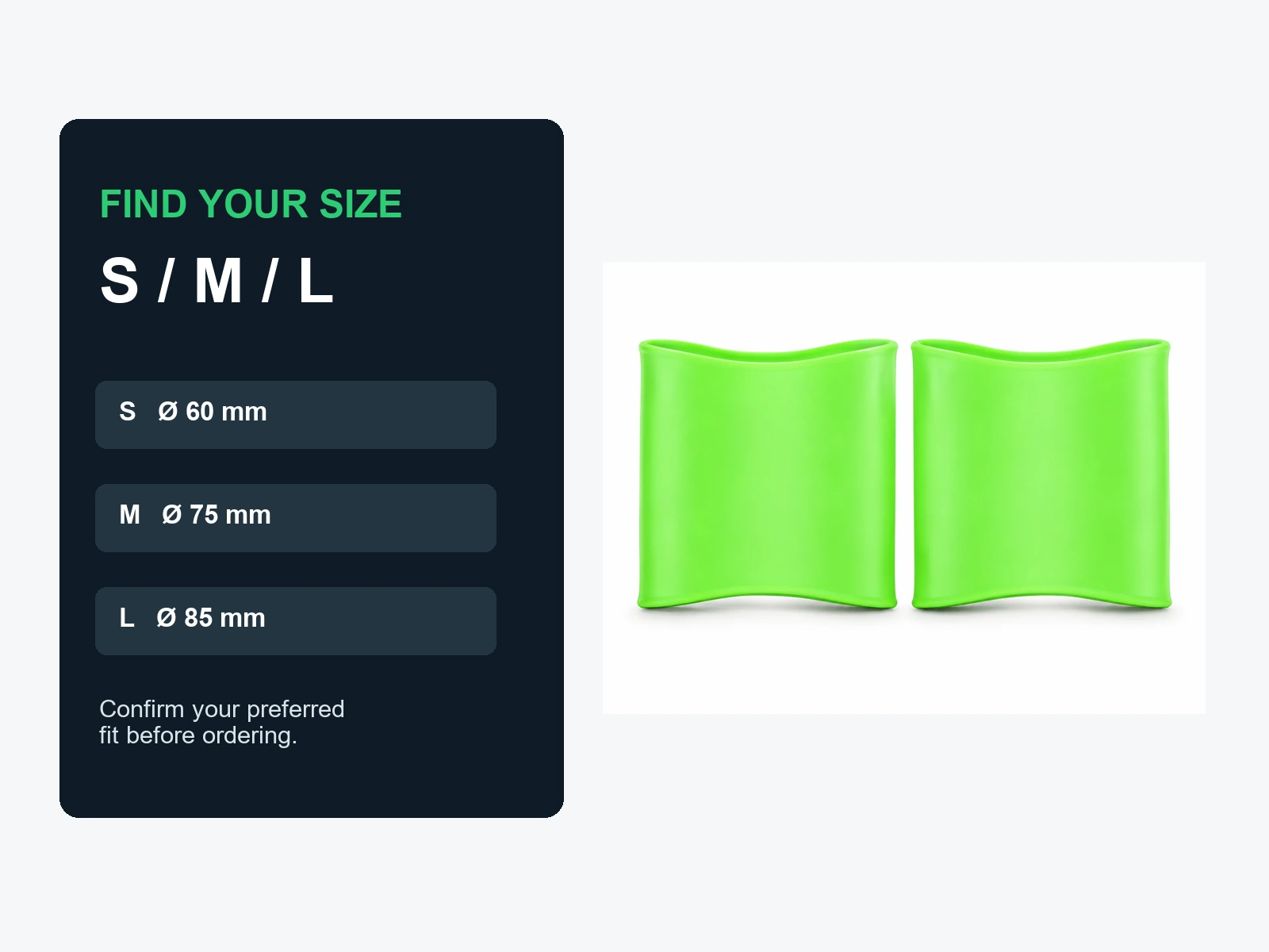 Silicone shin training band size guide for S, M and L sizes