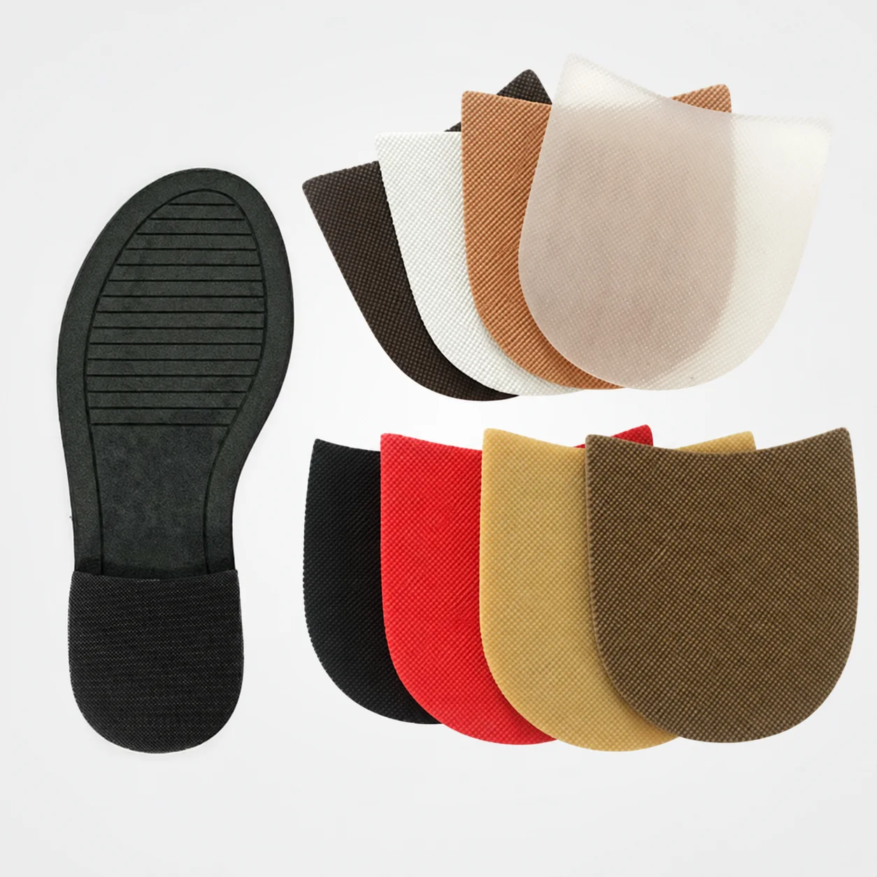 Textured rubber half sole repair pads shown in a range of colors
