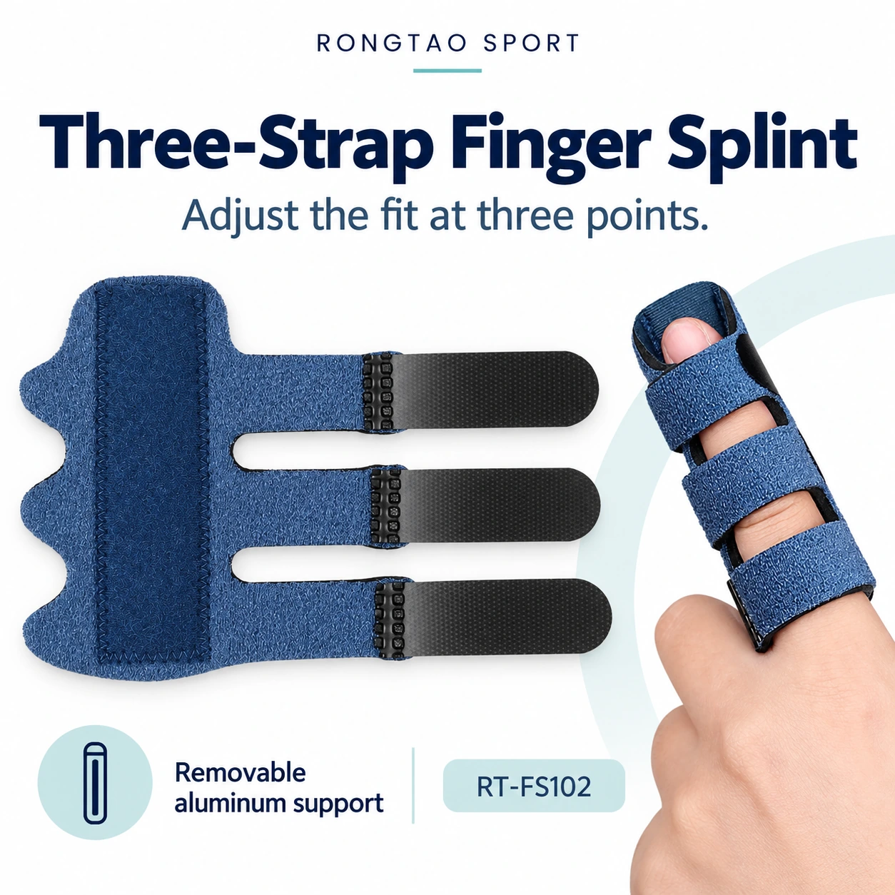 Navy three-strap finger splint shown flat and worn on an individual finger