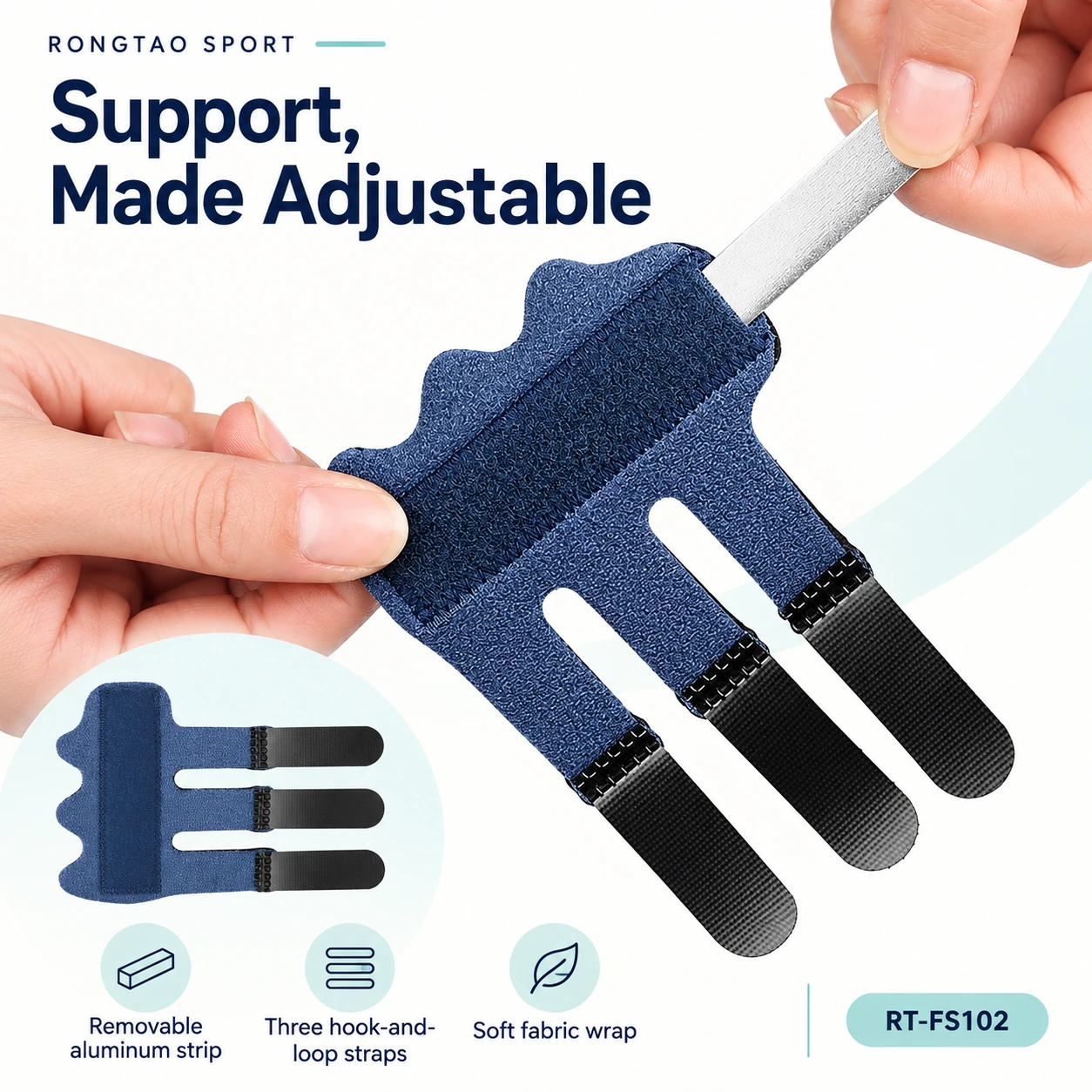 Removable aluminum support strip sliding from a navy three-strap finger splint