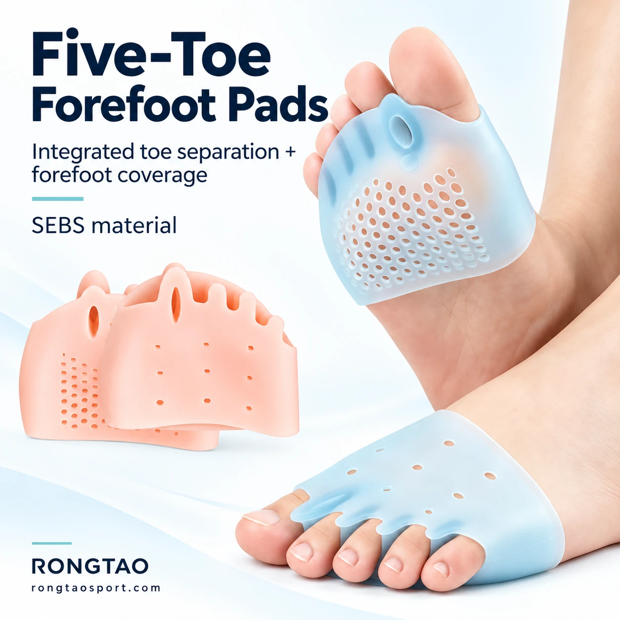 Blue five-toe SEBS forefoot pads shown worn, with a nude pair alongside