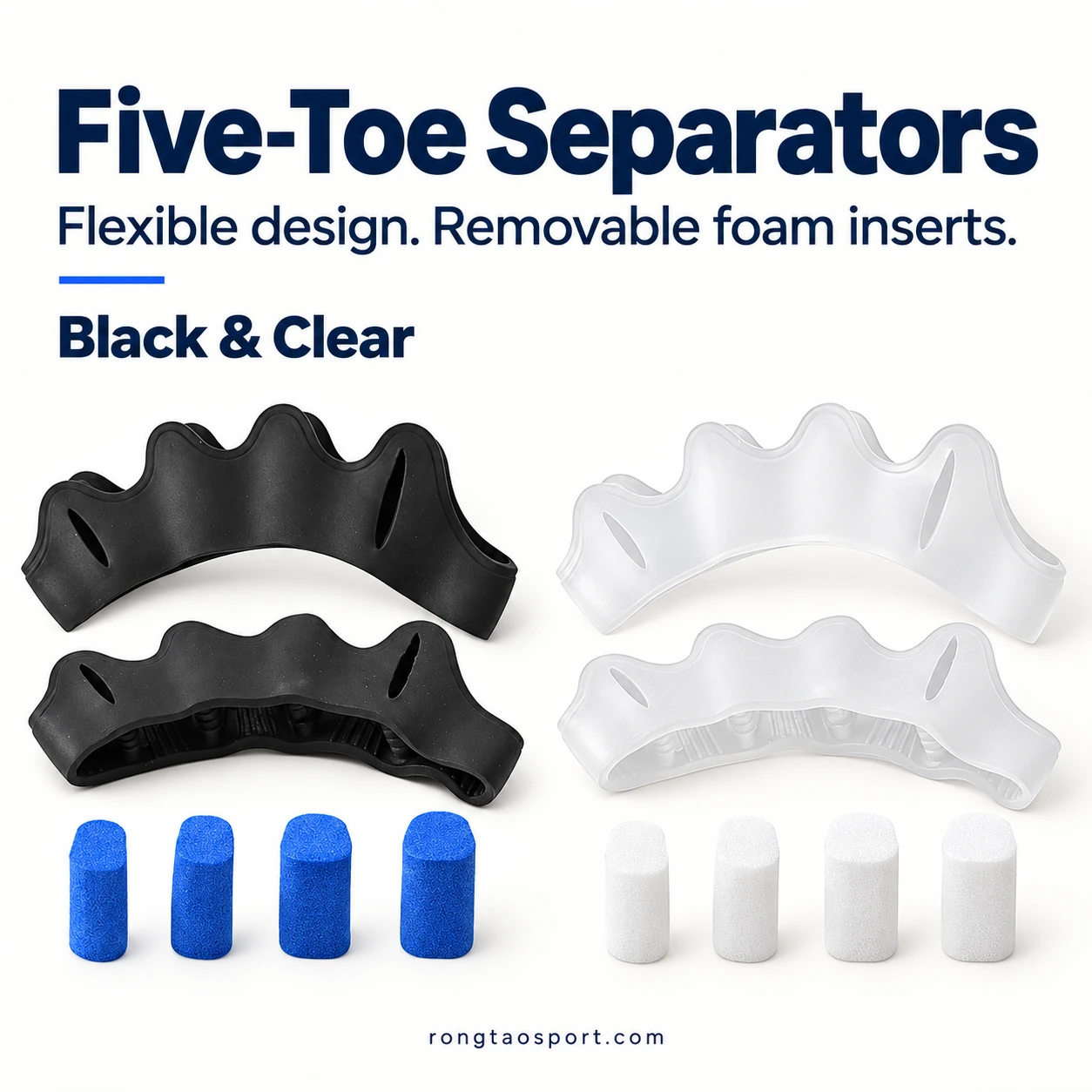 Black and clear five-toe separator sets with matching foam inserts