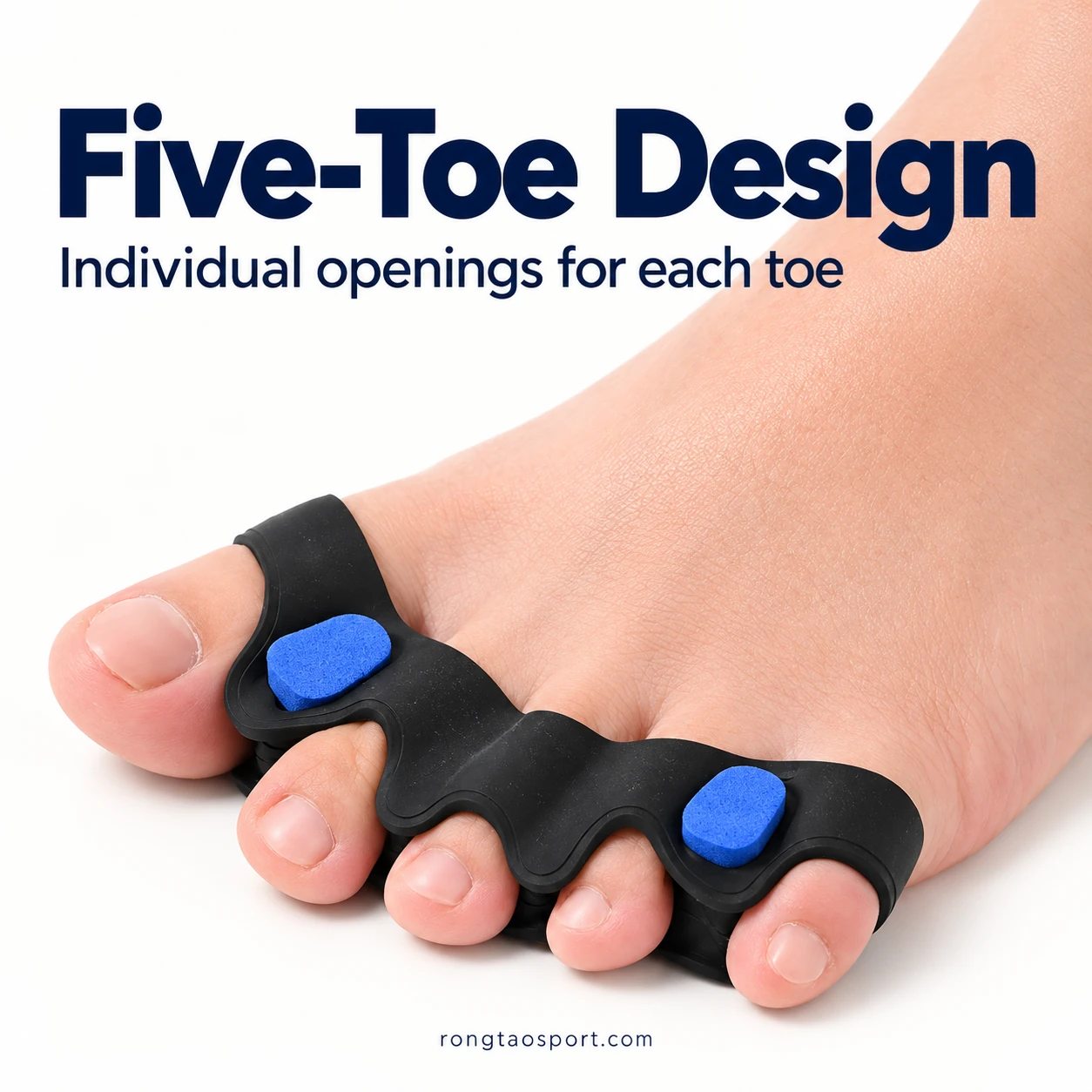 Black five-toe separator worn with blue foam inserts