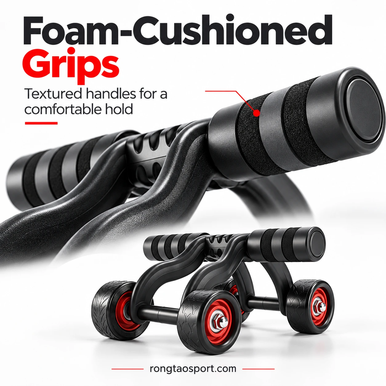 Close-up of foam-cushioned grips on the ab roller