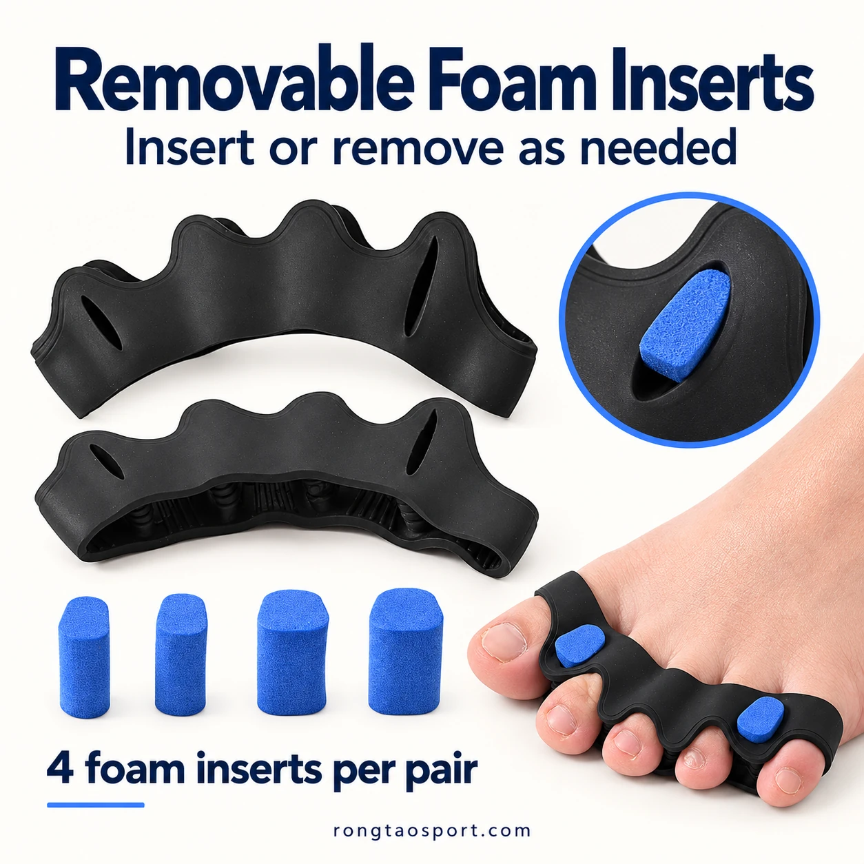 Removable blue foam inserts and black toe separator pair