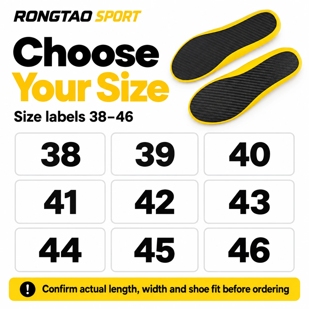 Size labels 38 through 46 with a fit confirmation reminder