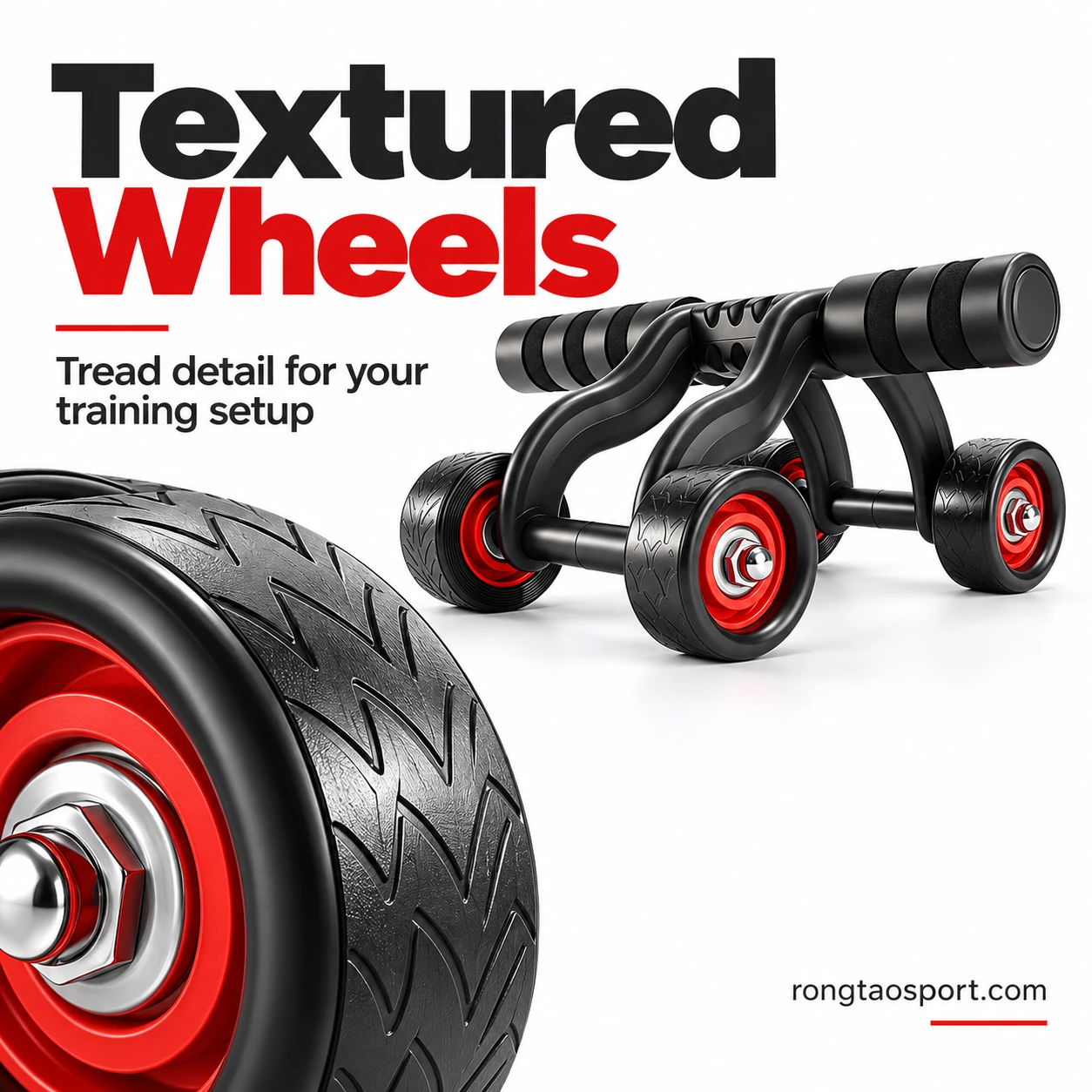 Textured black wheel with red hub and silver fastener