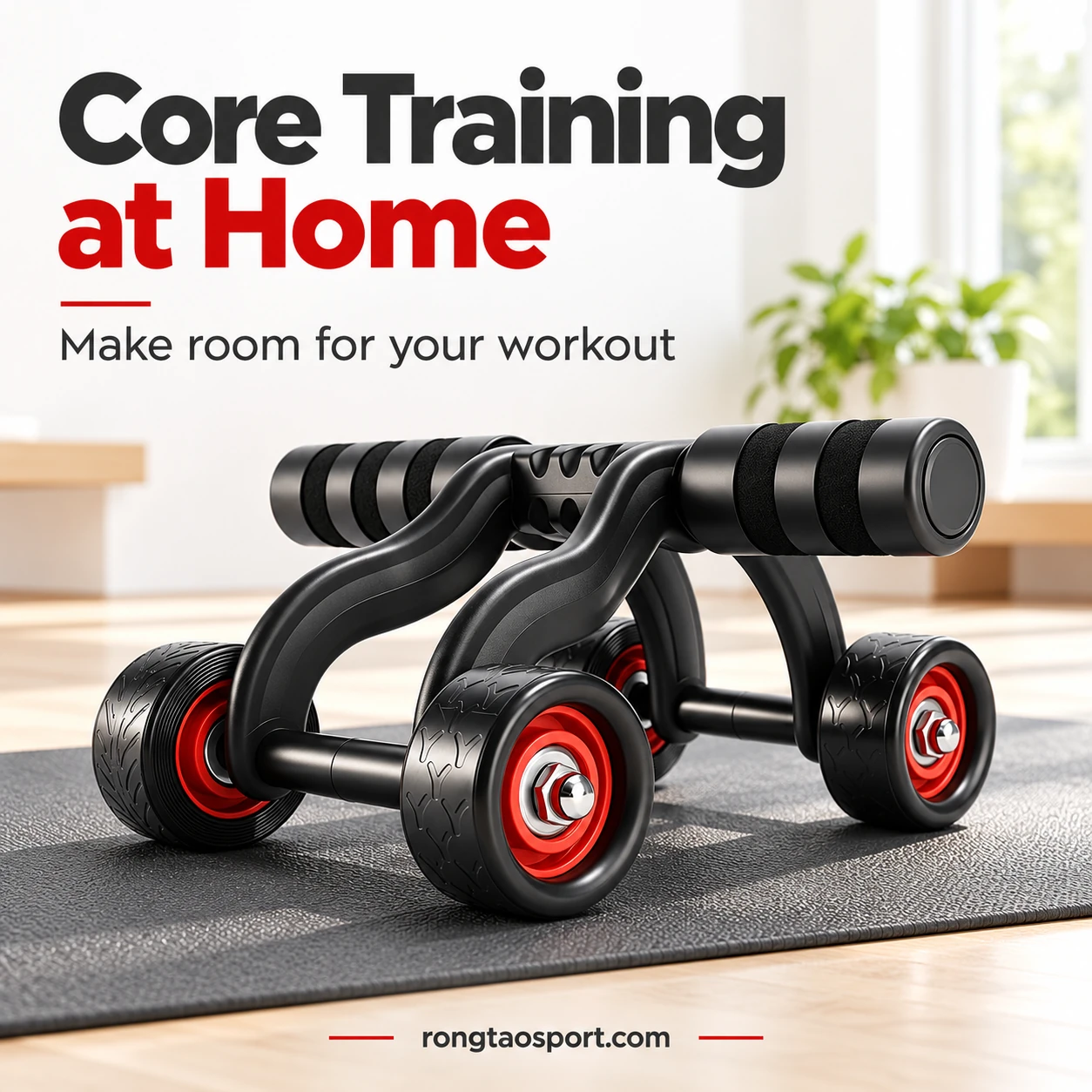 Four-wheel ab roller in a home workout setting; large exercise mat is a scene prop