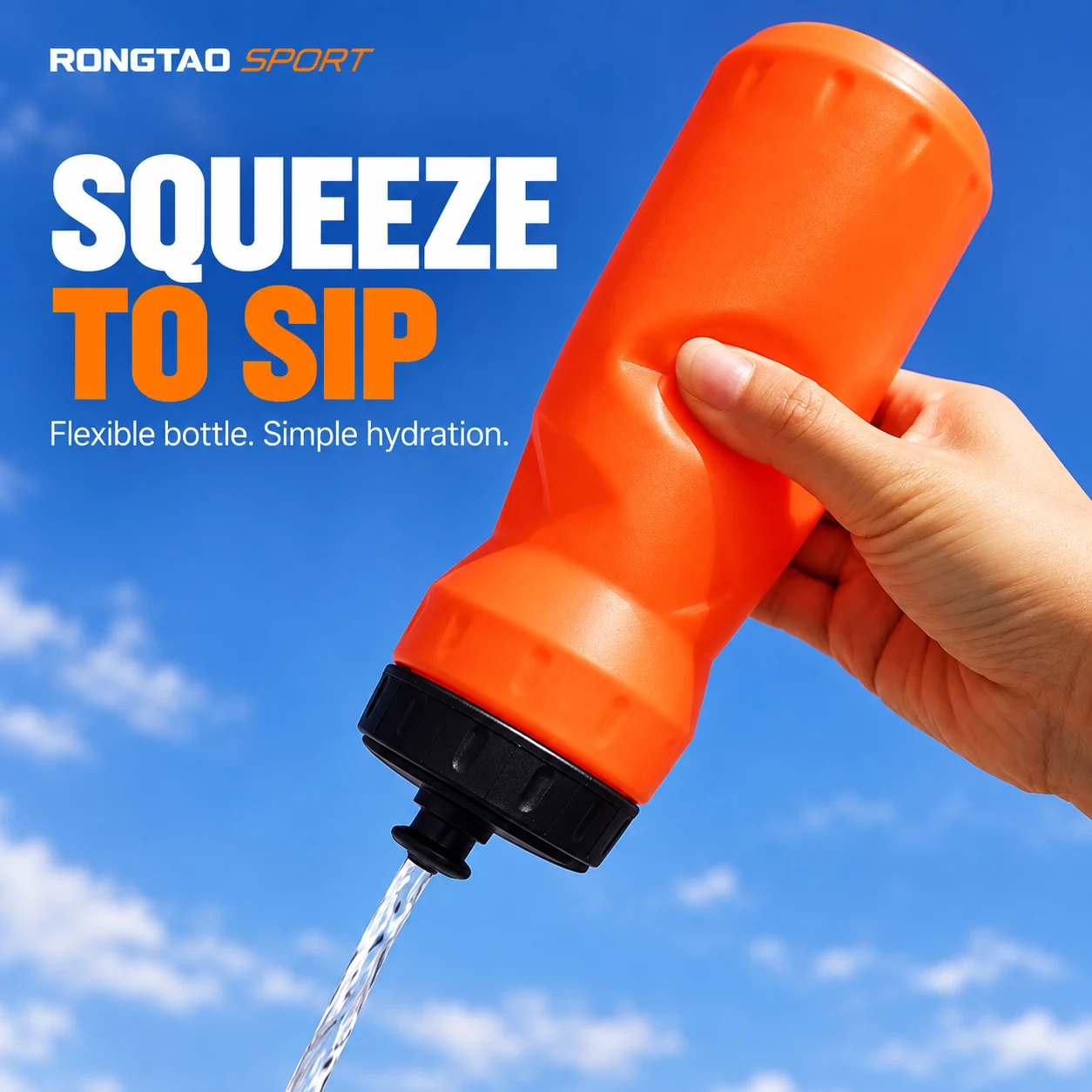 Hand squeezing an orange sports bottle to dispense water through its spout.