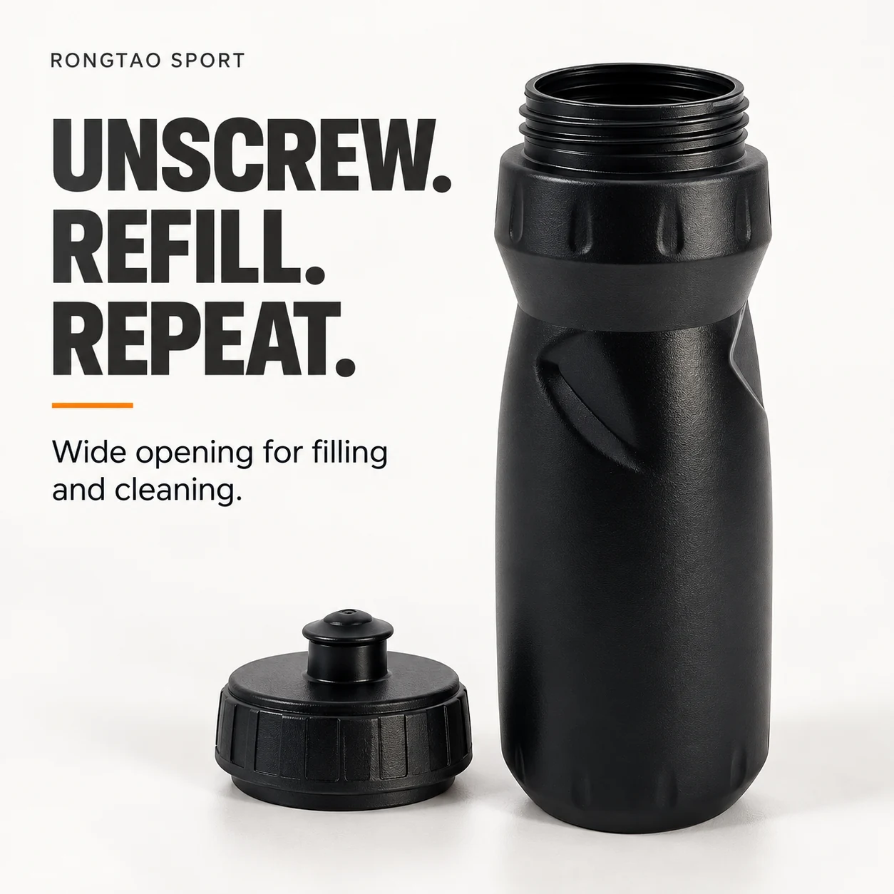 Black squeeze bottle with its screw cap removed to show the wide opening.