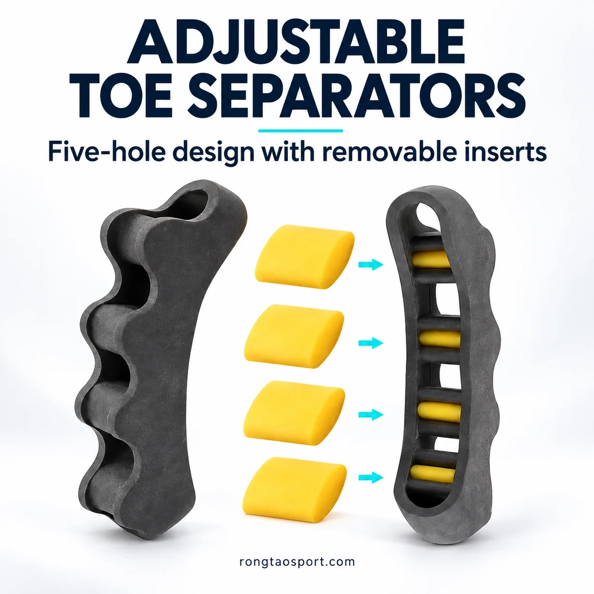 Adjustable charcoal-black five-hole toe separator shown with yellow removable inserts