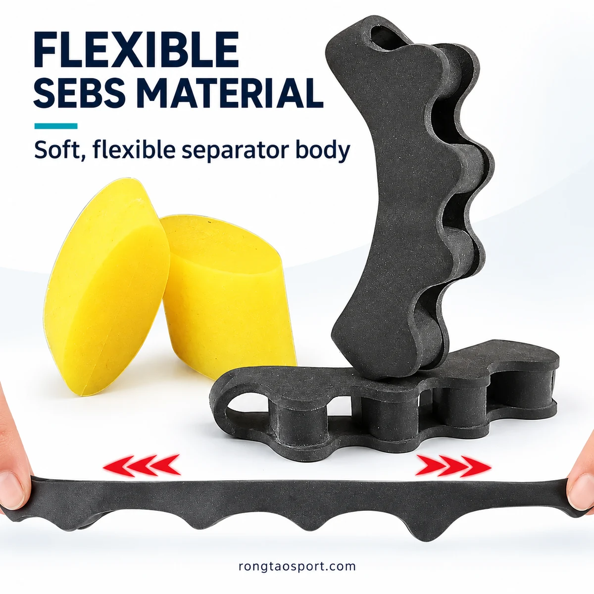 Flexible SEBS toe separator body shown with a stretch demonstration