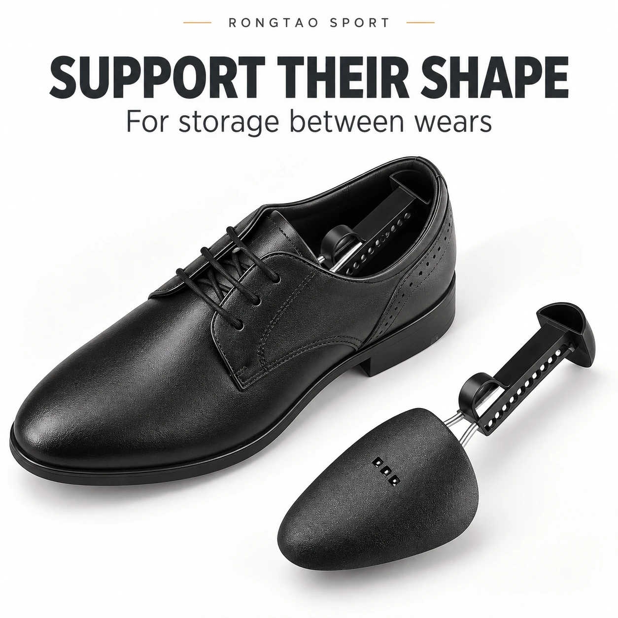 Black shoe tree seated inside a leather lace-up shoe.