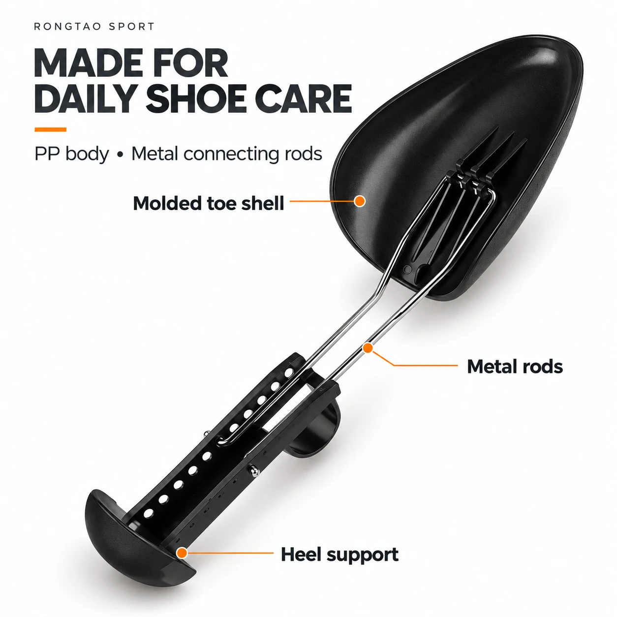 Underside details of the molded toe shell, metal rods and heel support.