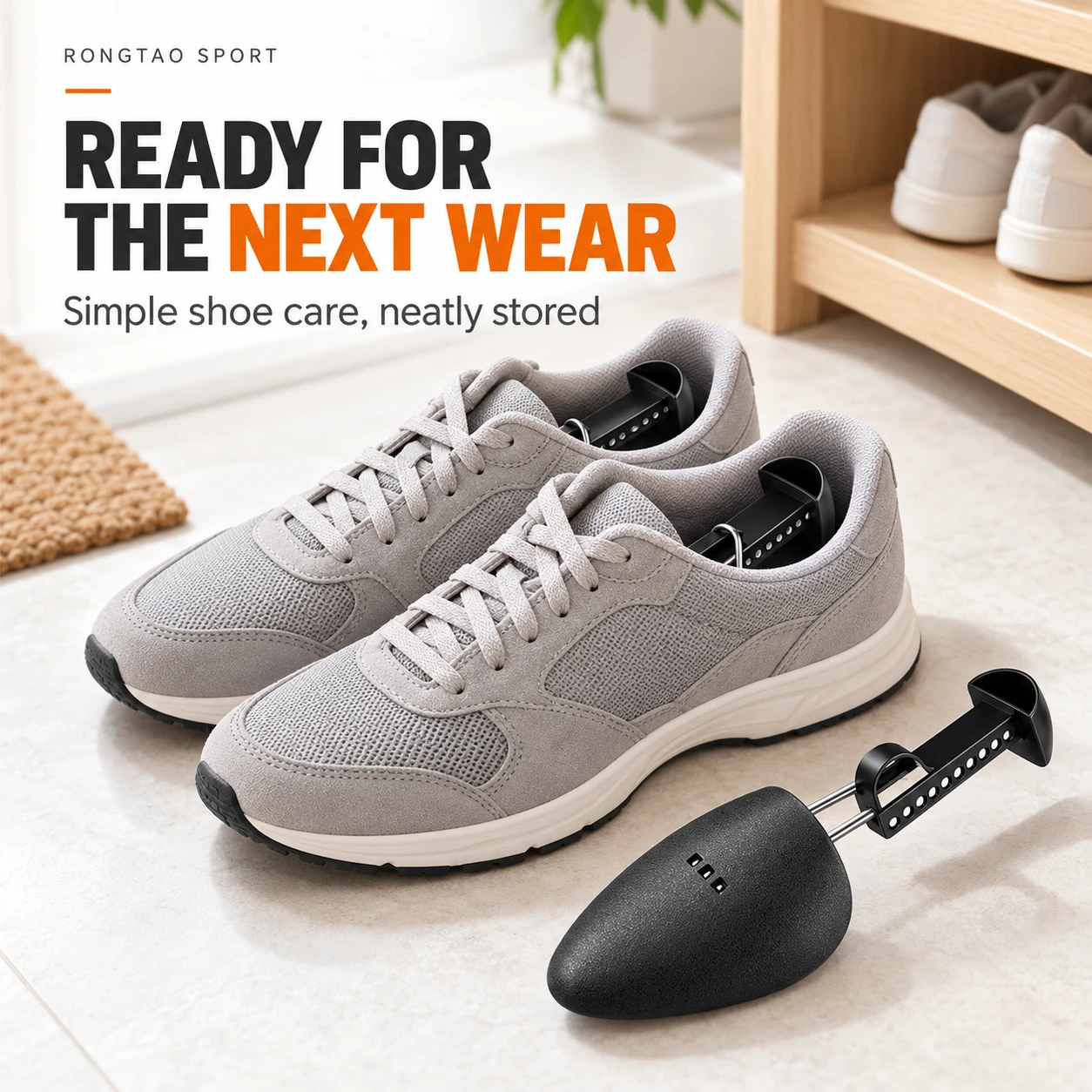 Grey sneakers with shoe trees on a neutral shoe storage shelf.