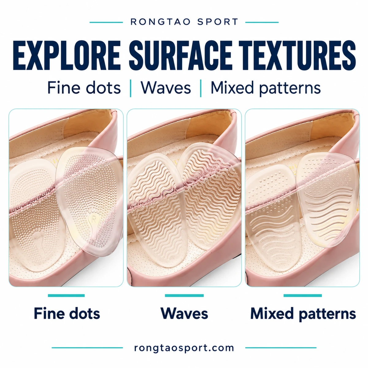 Fine-dot, wave and mixed surface patterns on clear forefoot pads