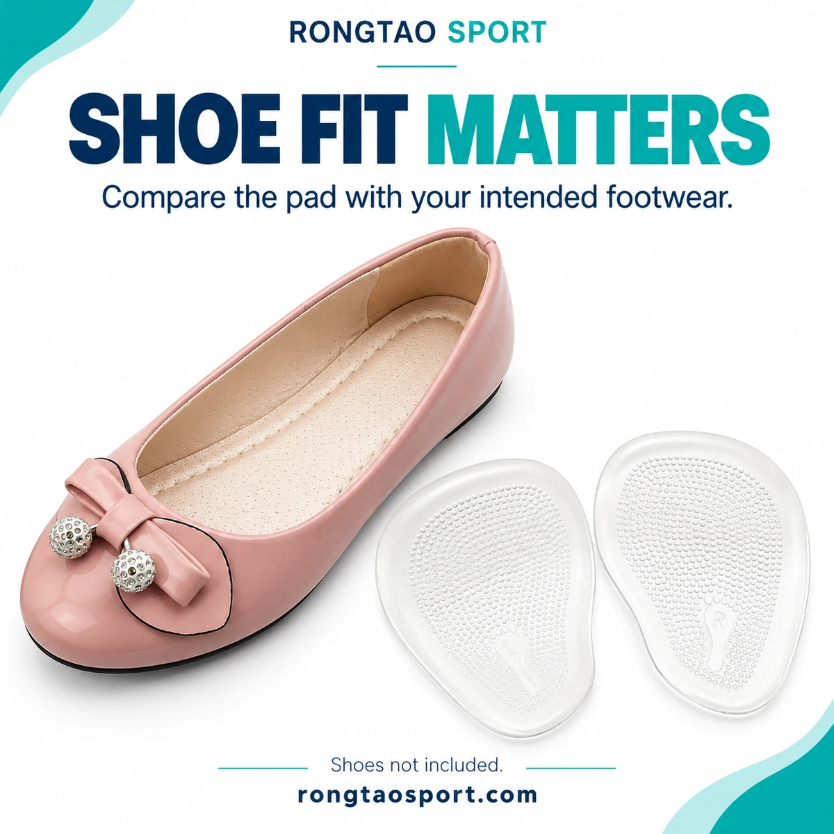 Clear forefoot pad shown with a pink flat shoe for placement reference