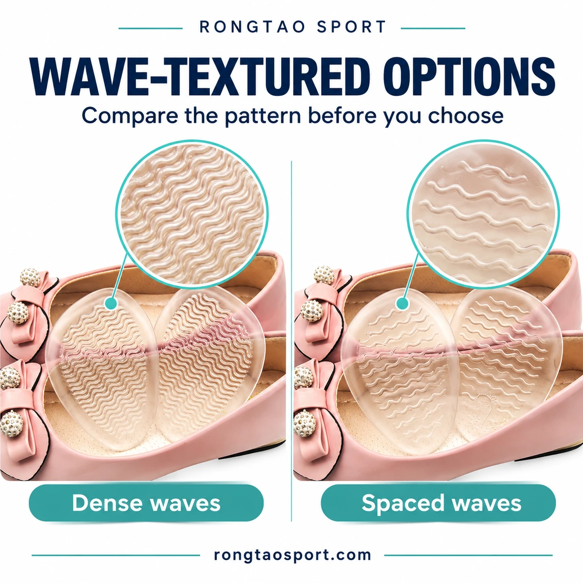 Dense-wave and spaced-wave clear forefoot pad options