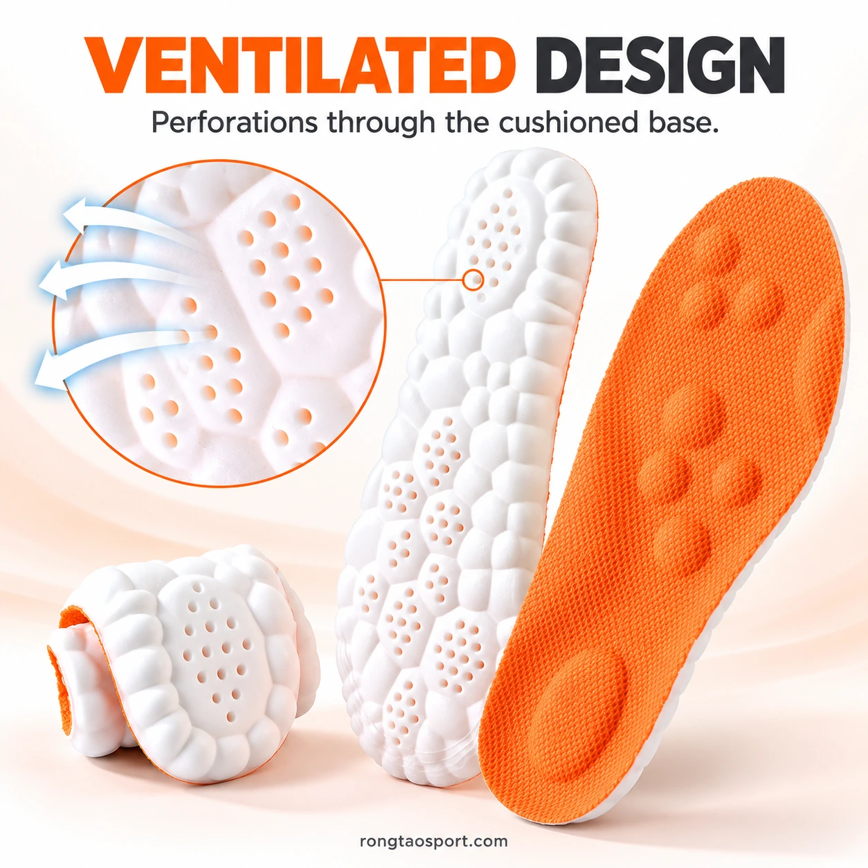 Ventilation holes in the sculpted white PU base