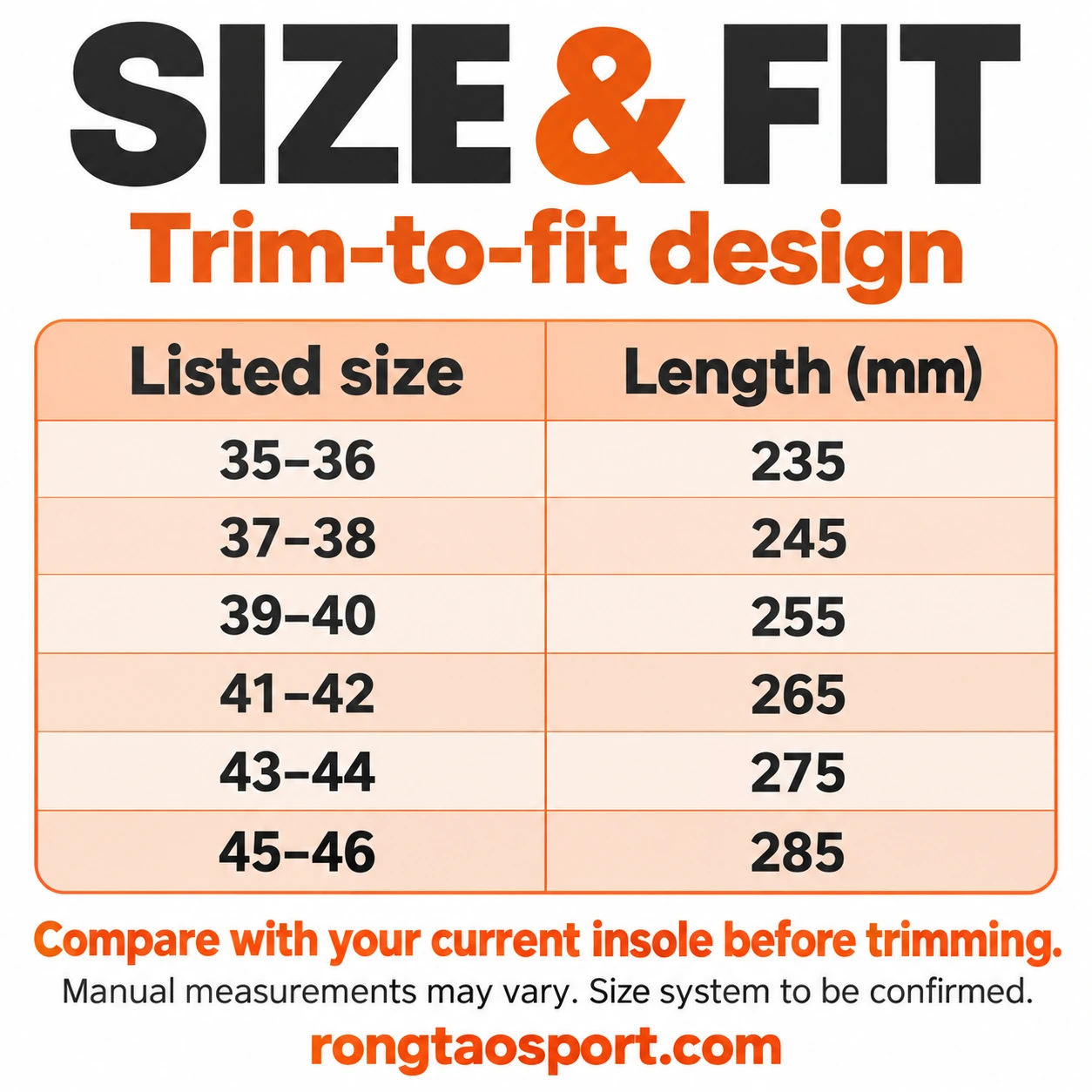 Insole size chart listing sizes 35–46 and lengths 235–285 mm