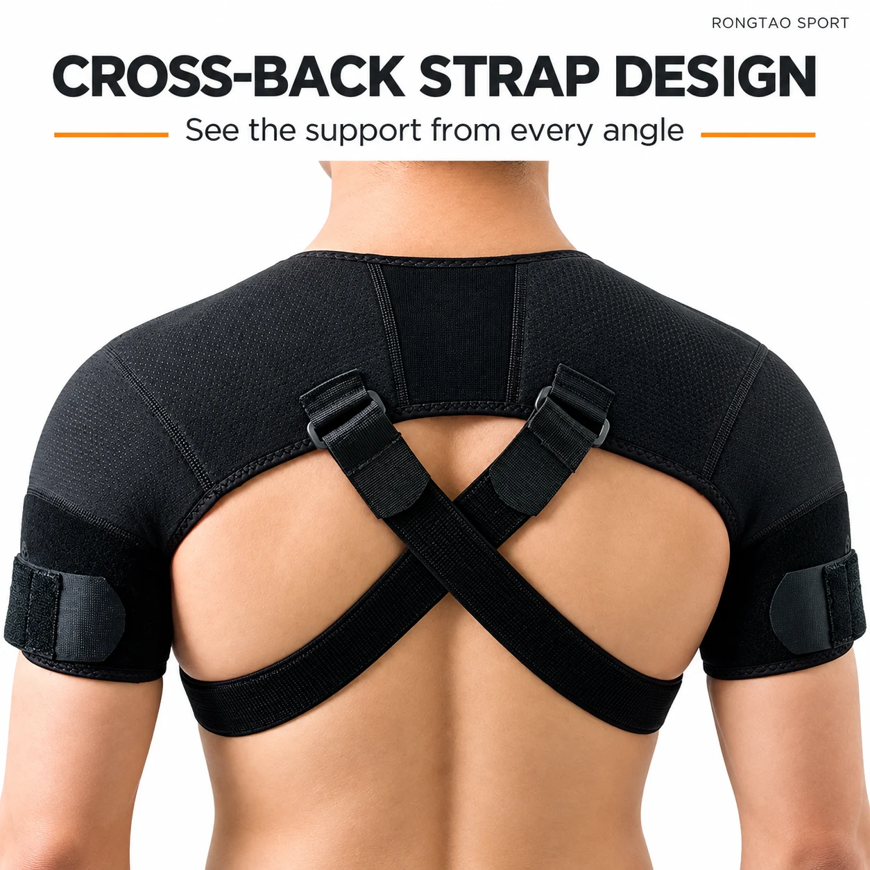 Rear view showing crossed webbing and connected shoulder panels.