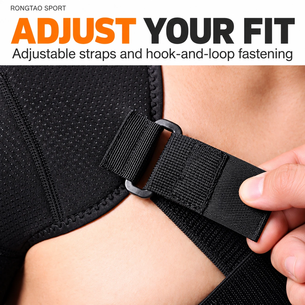 Close-up of the rectangular strap loop and hook-and-loop adjustment.