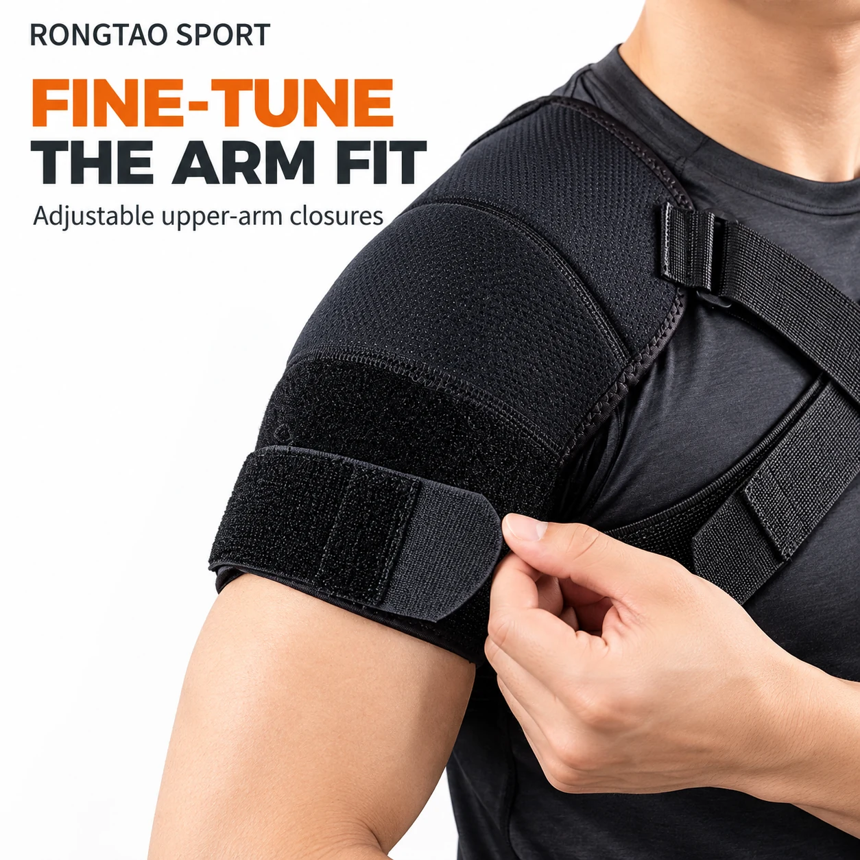 Upper-arm hook-and-loop closure being adjusted.