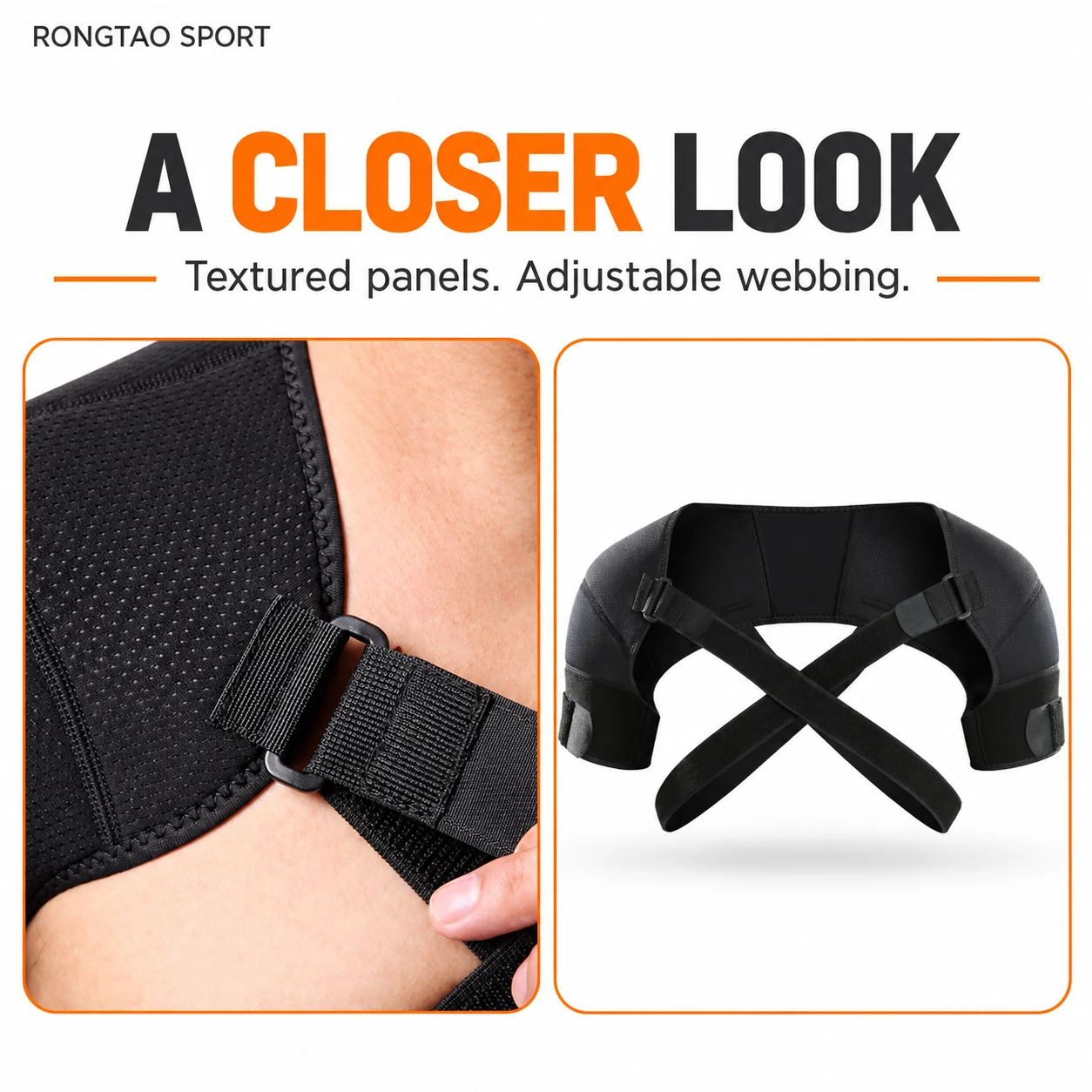 Textured shoulder panel and strap detail beside the complete wrap.