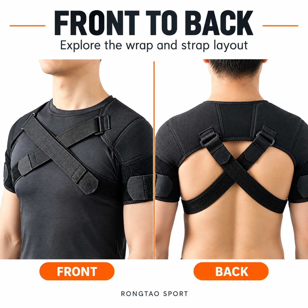 Front and rear views of the dual shoulder wrap and its straps.