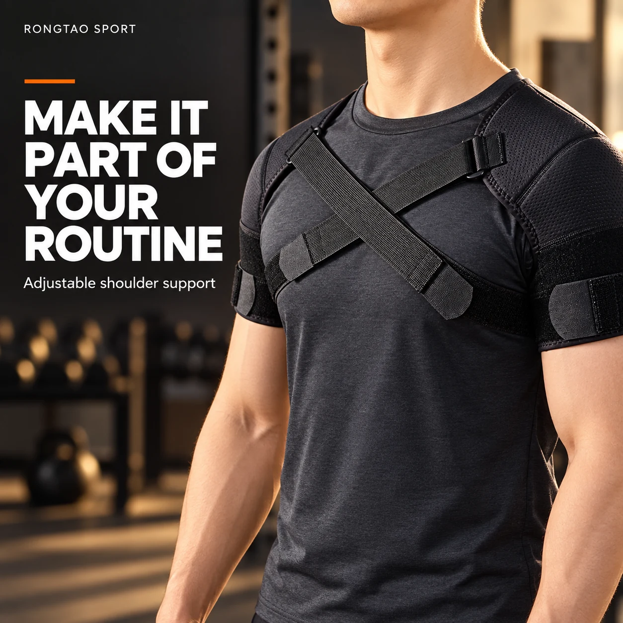 Adult wearing a black shoulder support wrap over a plain shirt.