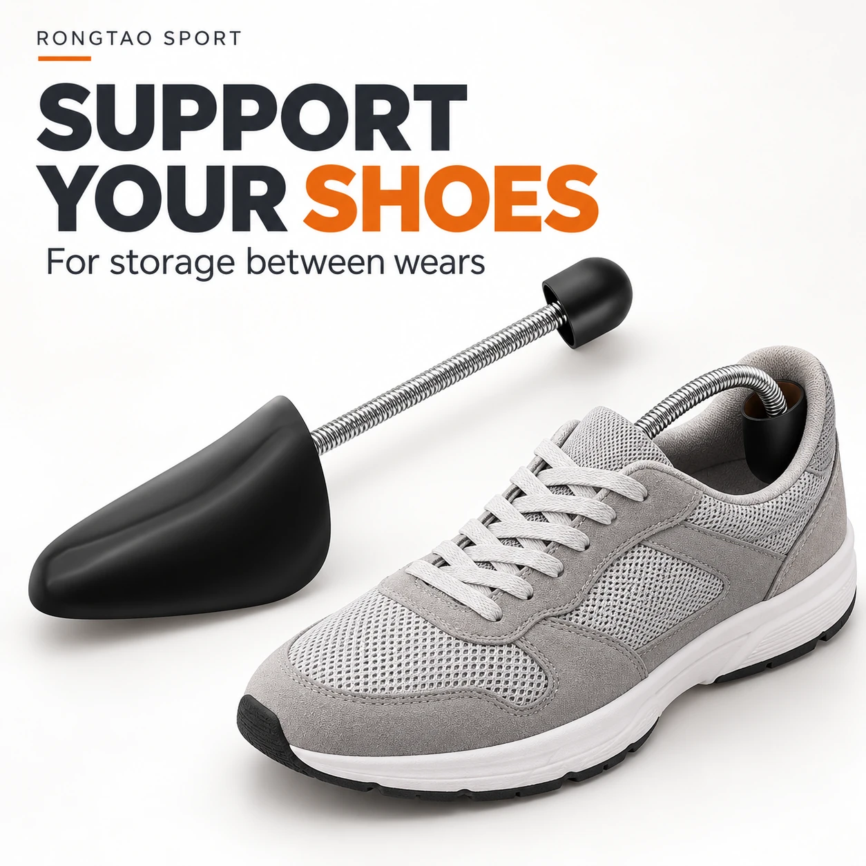 Spring shoe tree supporting an unbranded sneaker during storage.