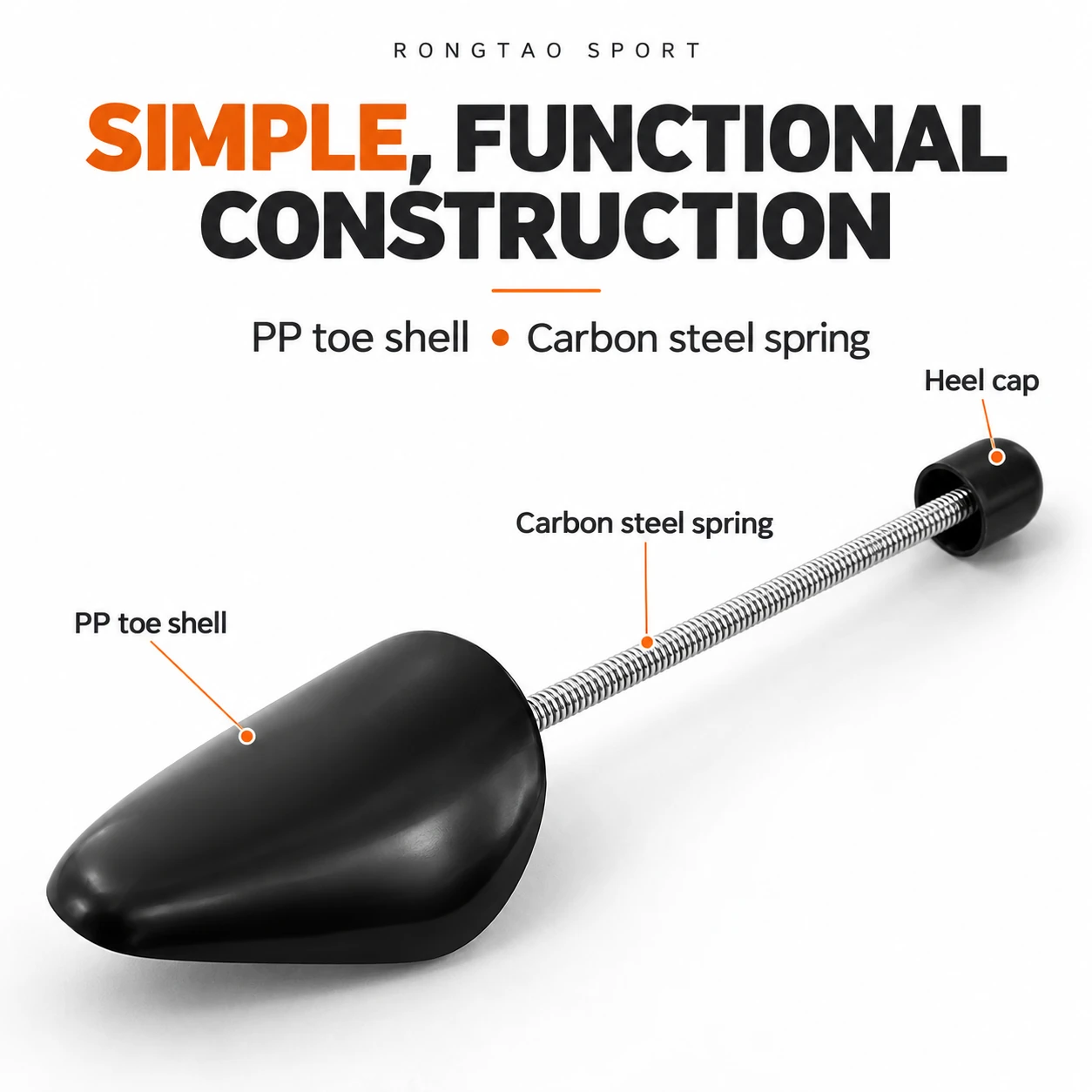 PP toe shell, carbon steel spring and heel cap details.