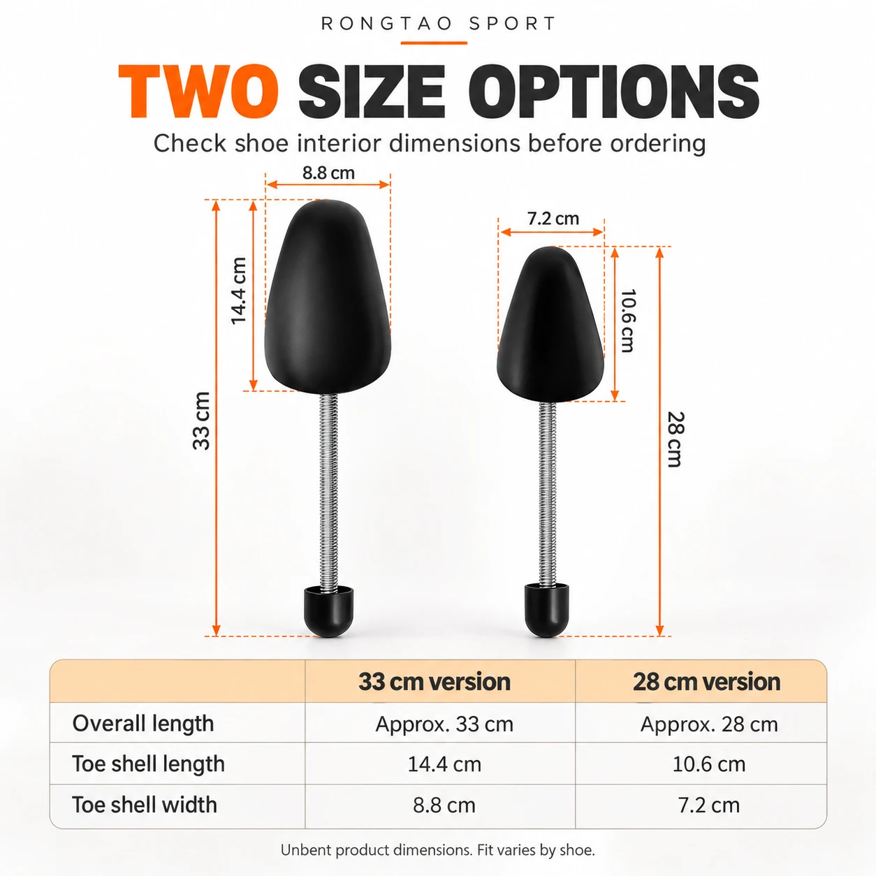Dimensions of the 28 cm and 33 cm spring shoe tree versions.