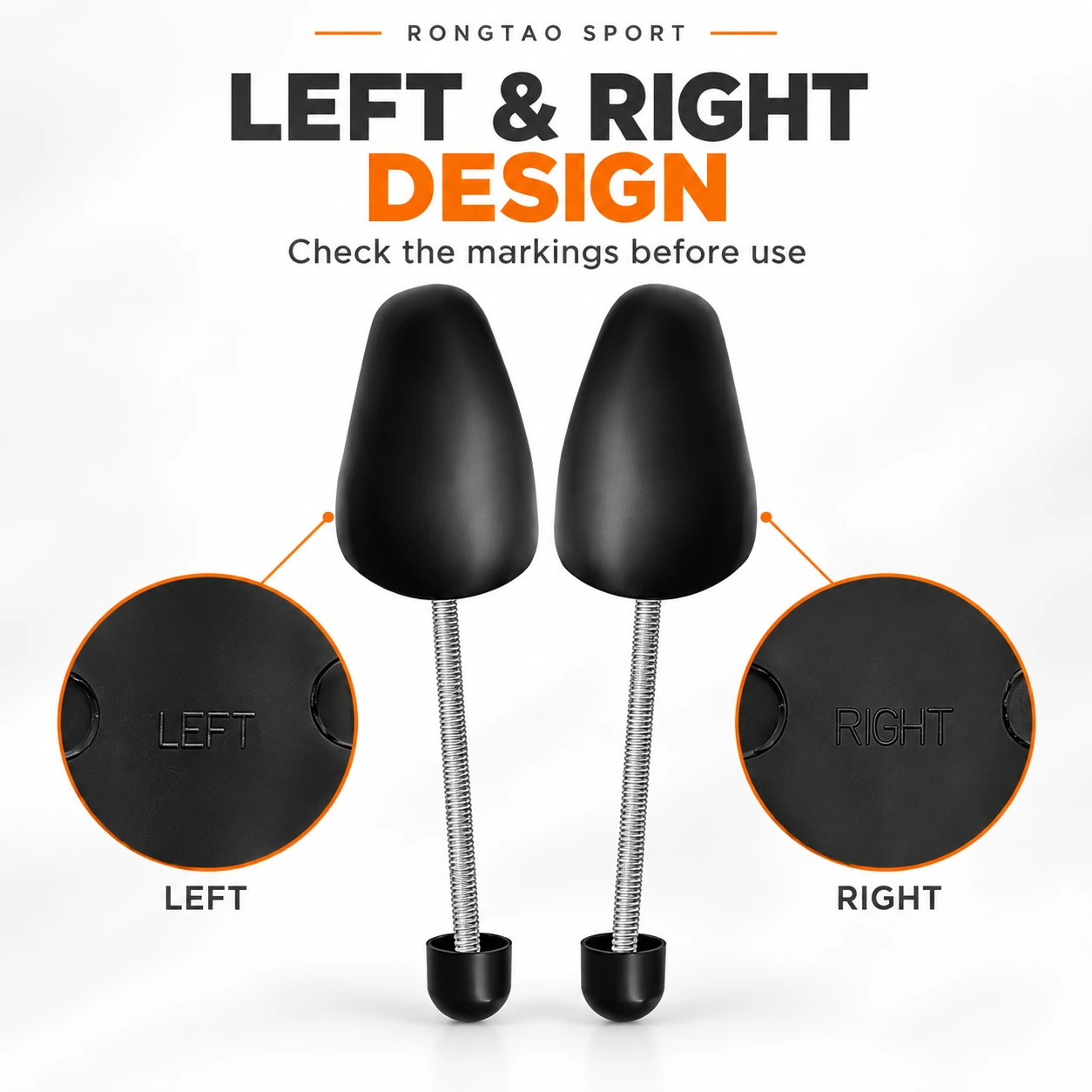 Left and right shoe trees with underside identification markings.
